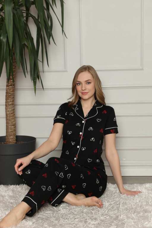 Önden Düğmeli Kadın Pijama Takımı - Lacivert Kalp Desenli Penye 2581KY - Alimer (1)