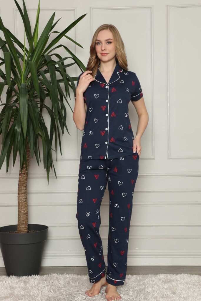 Önden Düğmeli Kadın Pijama Takımı - Lacivert Kalp Desenli Penye 2581KY - 3