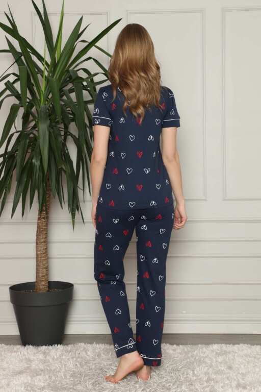 Önden Düğmeli Kadın Pijama Takımı - Lacivert Kalp Desenli Penye 2581KY - 4