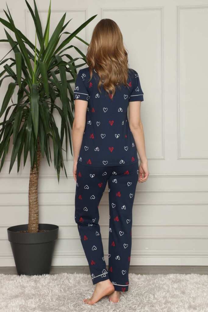 Önden Düğmeli Kadın Pijama Takımı - Lacivert Kalp Desenli Penye 2581KY - 4