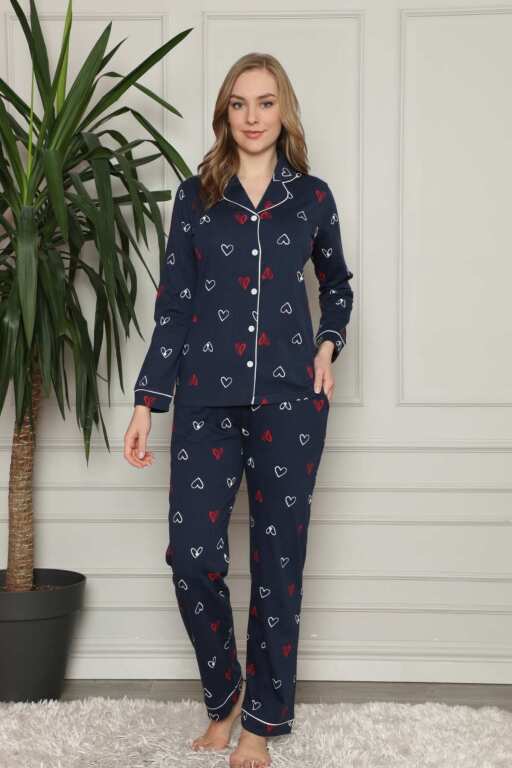 Önden Düğmeli Kadın Pijama Takımı - Lacivert Kalp Desenli Penye 2581UY - 3
