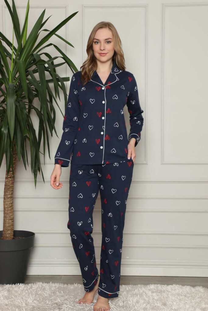 Önden Düğmeli Kadın Pijama Takımı - Lacivert Kalp Desenli Penye 2581UY - 3