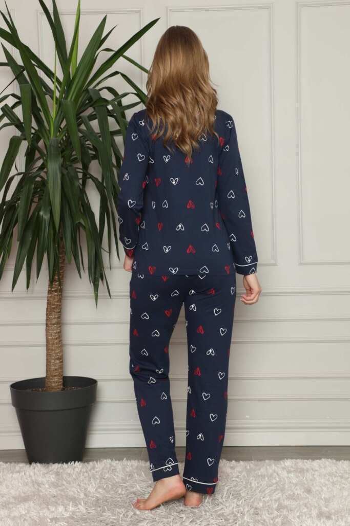 Önden Düğmeli Kadın Pijama Takımı - Lacivert Kalp Desenli Penye 2581UY - 4