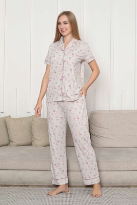 Önden Düğmeli Kadın Pijama Takımı - Bej Kalp Desenli Kısa Kol Likralı Rink Viskon 2868KY - 3