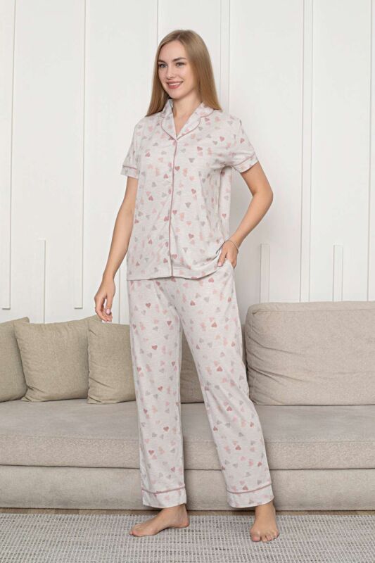 Önden Düğmeli Kadın Pijama Takımı - Bej Kalp Desenli Kısa Kol Likralı Rink Viskon 2868KY - 3