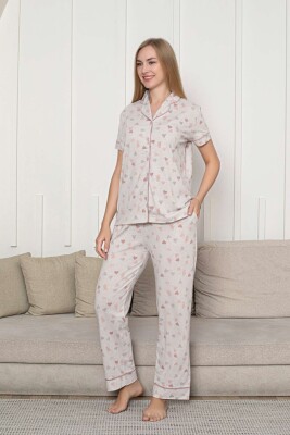 Önden Düğmeli Kadın Pijama Takımı - Bej Kalp Desenli Kısa Kol Likralı Rink Viskon 2868KY - 4