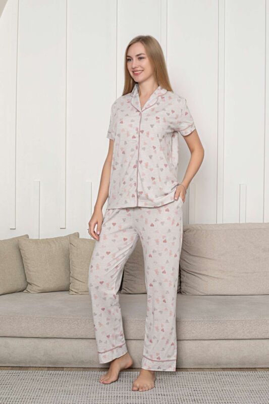 Önden Düğmeli Kadın Pijama Takımı - Bej Kalp Desenli Kısa Kol Likralı Rink Viskon 2868KY - 4