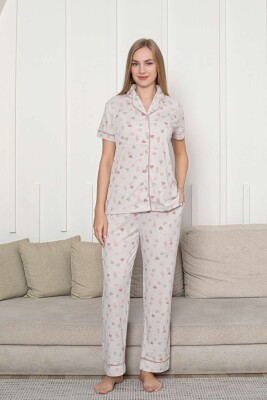 Önden Düğmeli Kadın Pijama Takımı - Bej Kalp Desenli Kısa Kol Likralı Rink Viskon 2868KY - 1