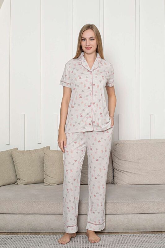 Önden Düğmeli Kadın Pijama Takımı - Bej Kalp Desenli Kısa Kol Likralı Rink Viskon 2868KY - 1
