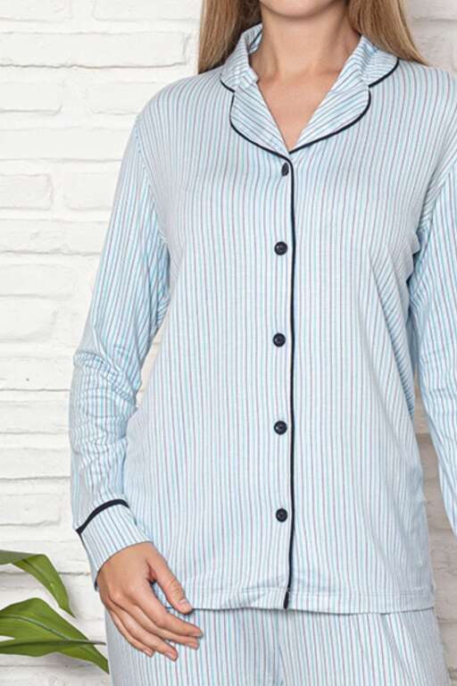 Önden Düğmeli Kadın Pijama Takımı - Mavi Çizgili Desenli Uzun Kol Likralı Rink Viskon 2507UY - 2