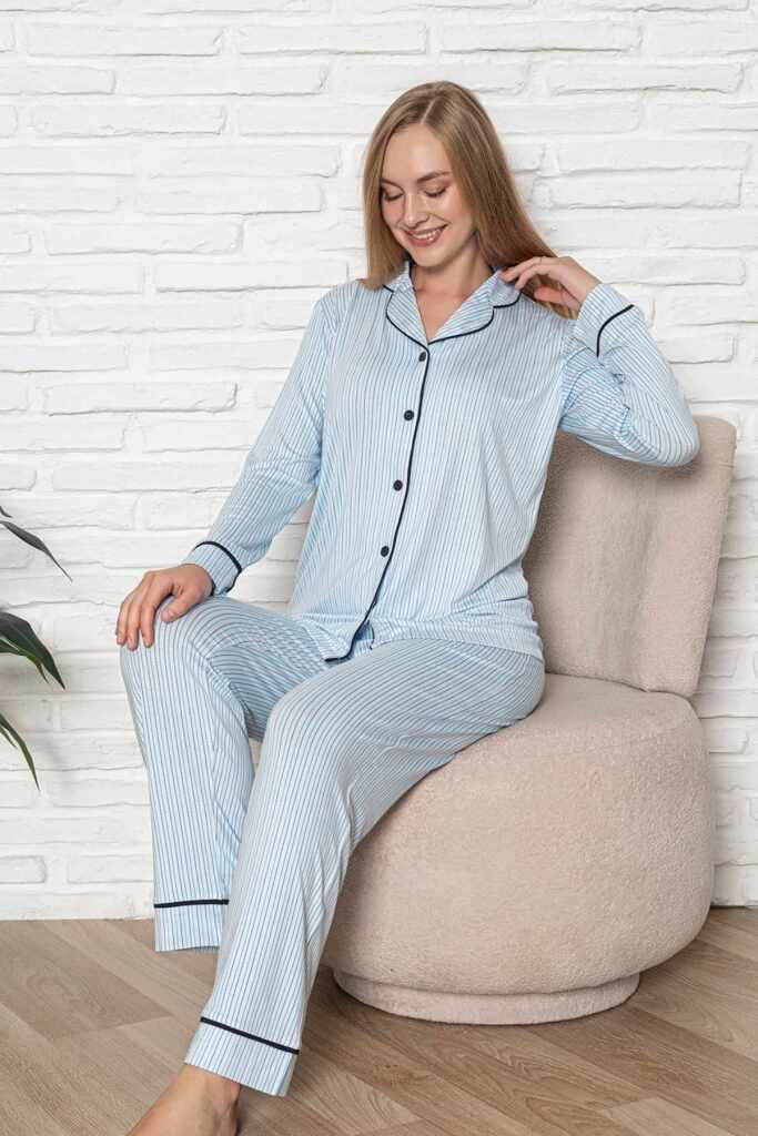Önden Düğmeli Kadın Pijama Takımı - Mavi Çizgili Desenli Uzun Kol Likralı Rink Viskon 2507UY - 5
