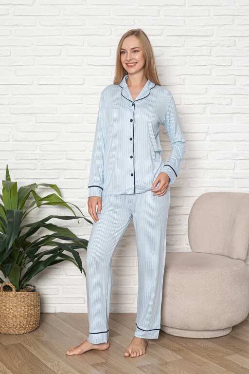 Önden Düğmeli Kadın Pijama Takımı - Mavi Çizgili Desenli Uzun Kol Likralı Rink Viskon 2507UY - Alimer