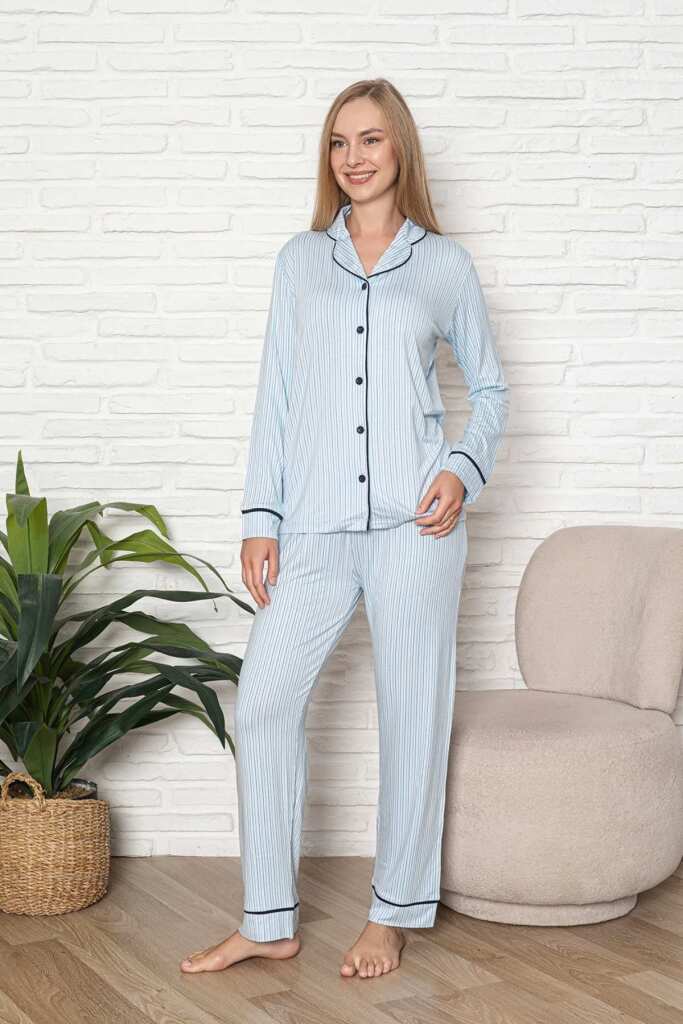 Önden Düğmeli Kadın Pijama Takımı - Mavi Çizgili Desenli Uzun Kol Likralı Rink Viskon 2507UY - 1