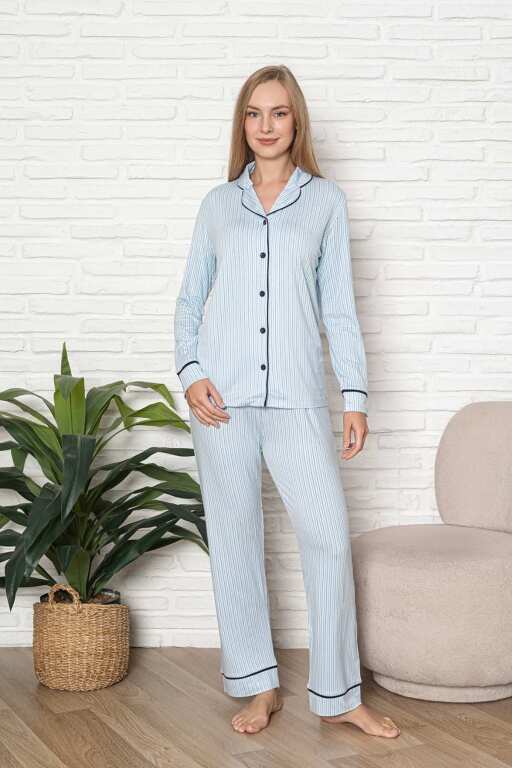 Önden Düğmeli Kadın Pijama Takımı - Mavi Çizgili Desenli Uzun Kol Likralı Rink Viskon 2507UY - 4