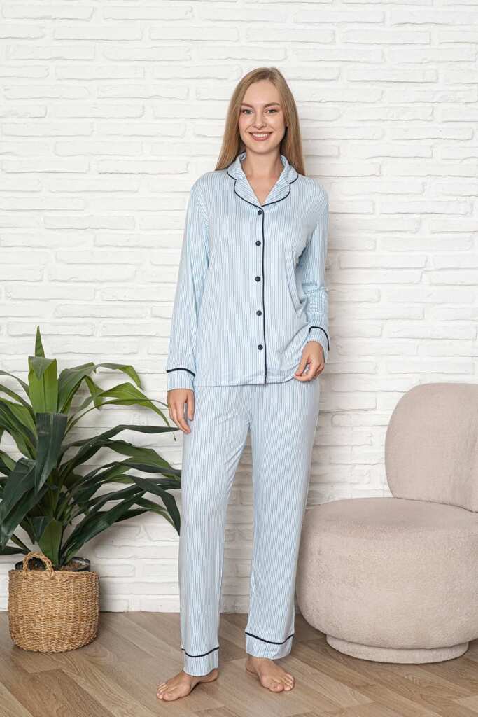 Önden Düğmeli Kadın Pijama Takımı - Mavi Çizgili Desenli Uzun Kol Likralı Rink Viskon 2507UY - 6
