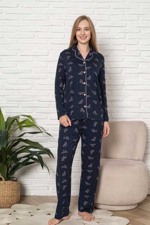 Önden Düğmeli Kadın Pijama Takımı - Fiyonk Desenli Uzun Kol Likralı Rink Viskon 2918UY - Alimer