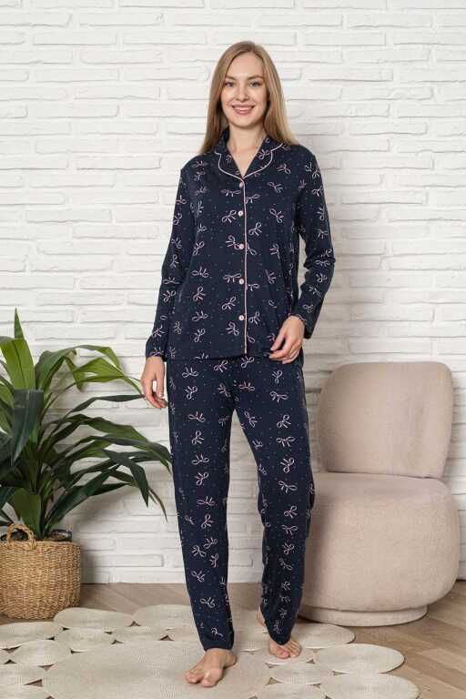 Önden Düğmeli Kadın Pijama Takımı - Fiyonk Desenli Uzun Kol Likralı Rink Viskon 2918UY - 3