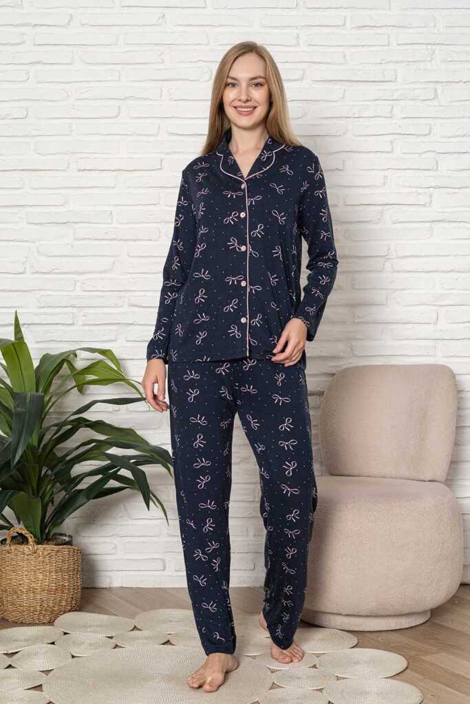 Önden Düğmeli Kadın Pijama Takımı - Fiyonk Desenli Uzun Kol Likralı Rink Viskon 2918UY - 3