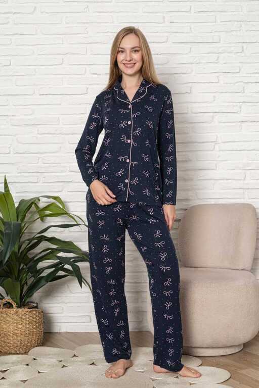 Önden Düğmeli Kadın Pijama Takımı - Fiyonk Desenli Uzun Kol Likralı Rink Viskon 2918UY - 4