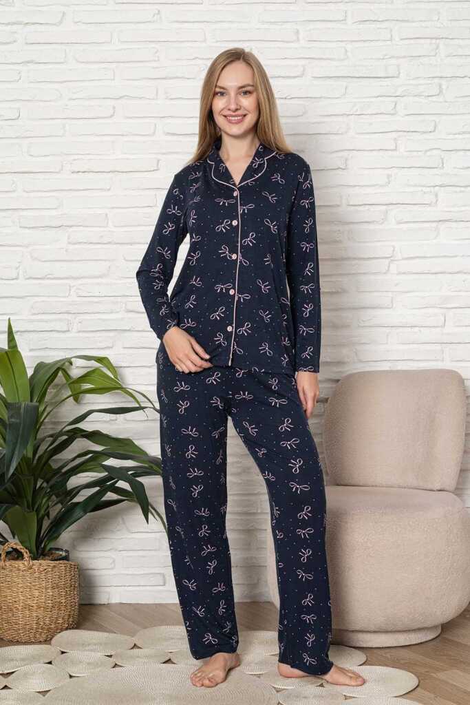 Önden Düğmeli Kadın Pijama Takımı - Fiyonk Desenli Uzun Kol Likralı Rink Viskon 2918UY - 4