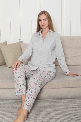Önden Düğmeli Kadın Pijama Takımı - Gri Çiçek Desenli Uzun Kol Likralı Rink Viskon 2873UY - 3