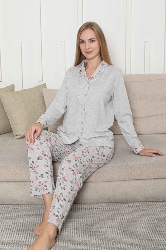 Önden Düğmeli Kadın Pijama Takımı - Gri Çiçek Desenli Uzun Kol Likralı Rink Viskon 2873UY - 3
