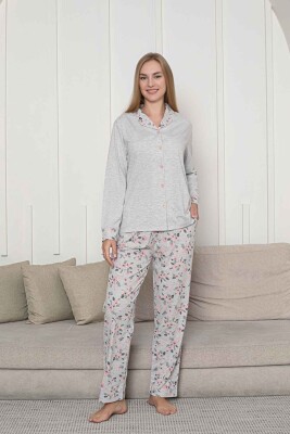 Önden Düğmeli Kadın Pijama Takımı - Gri Çiçek Desenli Uzun Kol Likralı Rink Viskon 2873UY - 4