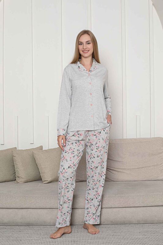 Önden Düğmeli Kadın Pijama Takımı - Gri Çiçek Desenli Uzun Kol Likralı Rink Viskon 2873UY - 4