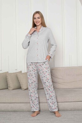 Önden Düğmeli Kadın Pijama Takımı - Gri Çiçek Desenli Uzun Kol Likralı Rink Viskon 2873UY - 1