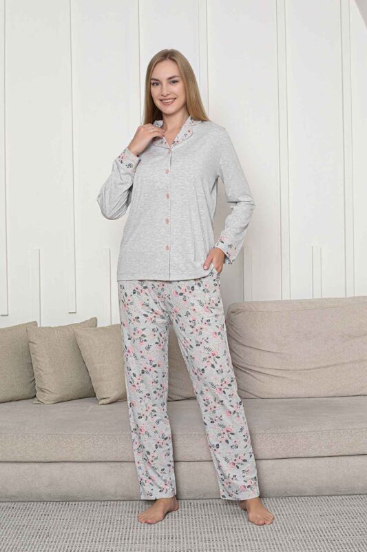Önden Düğmeli Kadın Pijama Takımı - Gri Çiçek Desenli Uzun Kol Likralı Rink Viskon 2873UY - 1