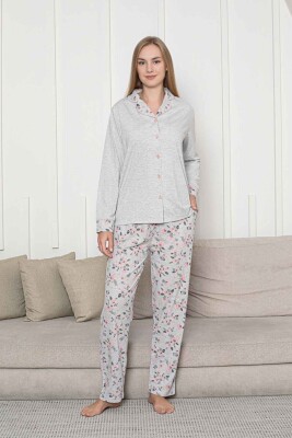 Önden Düğmeli Kadın Pijama Takımı - Gri Çiçek Desenli Uzun Kol Likralı Rink Viskon 2873UY - 5