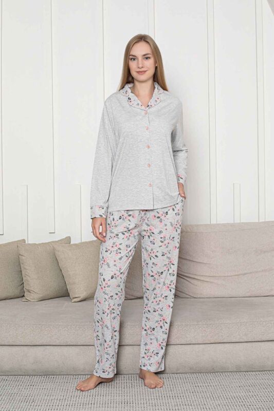 Önden Düğmeli Kadın Pijama Takımı - Gri Çiçek Desenli Uzun Kol Likralı Rink Viskon 2873UY - 5