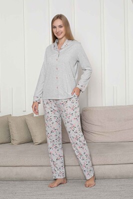 Önden Düğmeli Kadın Pijama Takımı - Gri Çiçek Desenli Uzun Kol Likralı Rink Viskon 2873UY - 2