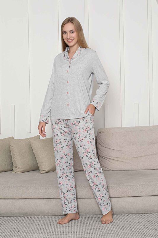 Önden Düğmeli Kadın Pijama Takımı - Gri Çiçek Desenli Uzun Kol Likralı Rink Viskon 2873UY - 2