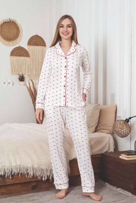 Önden Düğmeli Kadın Pijama Takımı - Kalp Desenli Raporlu İnterlok 2891UK - 4