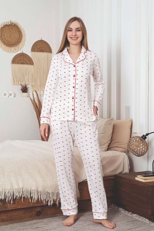 Önden Düğmeli Kadın Pijama Takımı - Kalp Desenli Raporlu İnterlok 2891UK - 4