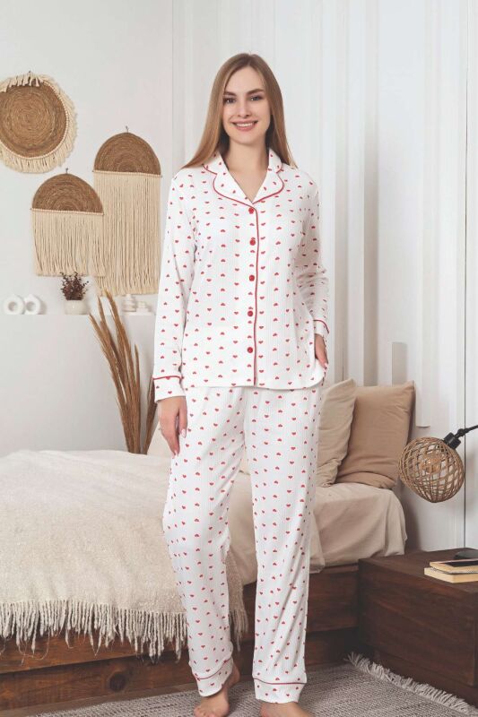 Önden Düğmeli Kadın Pijama Takımı - Kalp Desenli Raporlu İnterlok 2891UK - 1