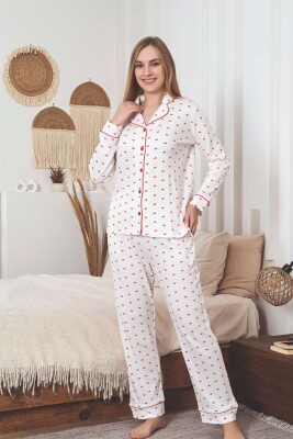 Önden Düğmeli Kadın Pijama Takımı - Kalp Desenli Raporlu İnterlok 2891UK - Alimer (1)
