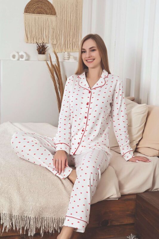 Önden Düğmeli Kadın Pijama Takımı - Kalp Desenli Raporlu İnterlok 2891UK - 3
