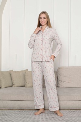 Önden Düğmeli Kadın Pijama Takımı - Bej Kalp Desenli Uzun Kol Likralı Rink Viskon 2868UY - 4