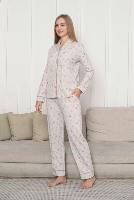 Önden Düğmeli Kadın Pijama Takımı - Bej Kalp Desenli Uzun Kol Likralı Rink Viskon 2868UY - 2