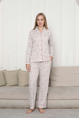 Önden Düğmeli Kadın Pijama Takımı - Bej Kalp Desenli Uzun Kol Likralı Rink Viskon 2868UY - 1