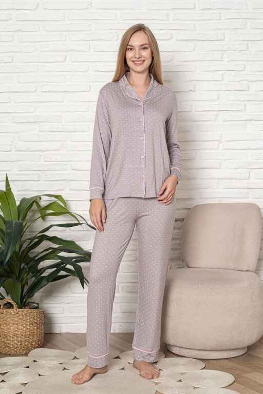 Önden Düğmeli Kadın Pijama Takımı - Kalp Desenli Uzun Kol Likralı Rink Viskon 2920UY - Alimer