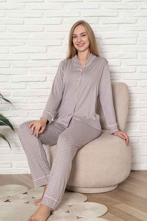 Önden Düğmeli Kadın Pijama Takımı - Kalp Desenli Uzun Kol Likralı Rink Viskon 2920UY - Alimer (1)