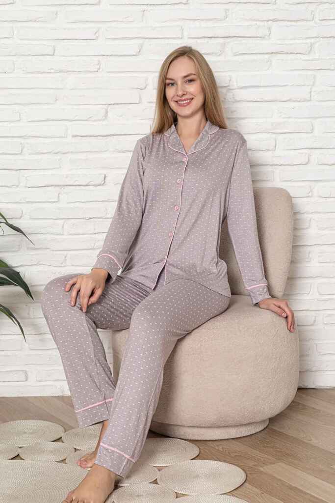 Önden Düğmeli Kadın Pijama Takımı - Kalp Desenli Uzun Kol Likralı Rink Viskon 2920UY - 2