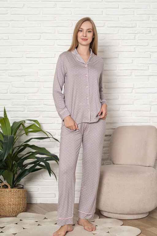 Önden Düğmeli Kadın Pijama Takımı - Kalp Desenli Uzun Kol Likralı Rink Viskon 2920UY - 3