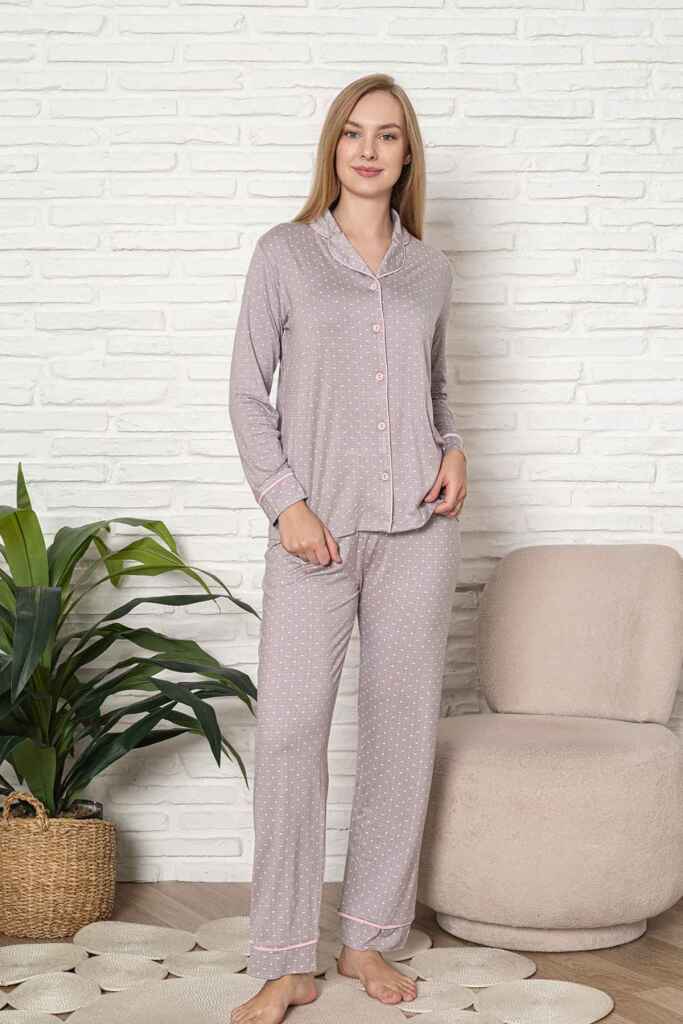 Önden Düğmeli Kadın Pijama Takımı - Kalp Desenli Uzun Kol Likralı Rink Viskon 2920UY - 3
