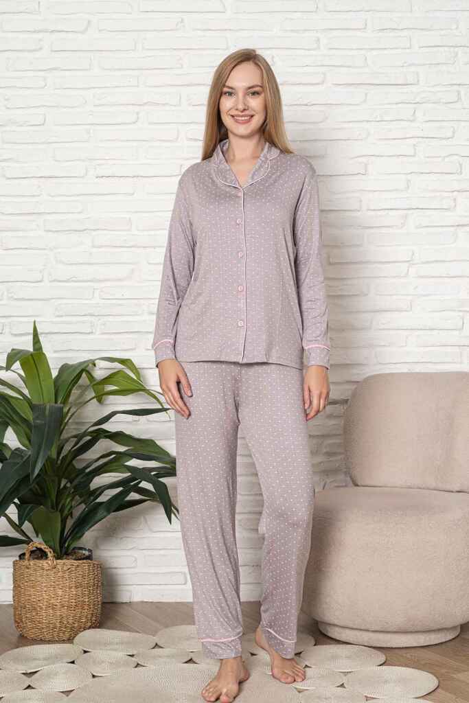 Önden Düğmeli Kadın Pijama Takımı - Kalp Desenli Uzun Kol Likralı Rink Viskon 2920UY - 4