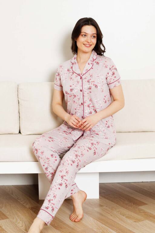Önden Düğmeli Kadın Pijama Takımı - Kısa Kol Likralı Rink Viskon 2844KY - Alimer (1)