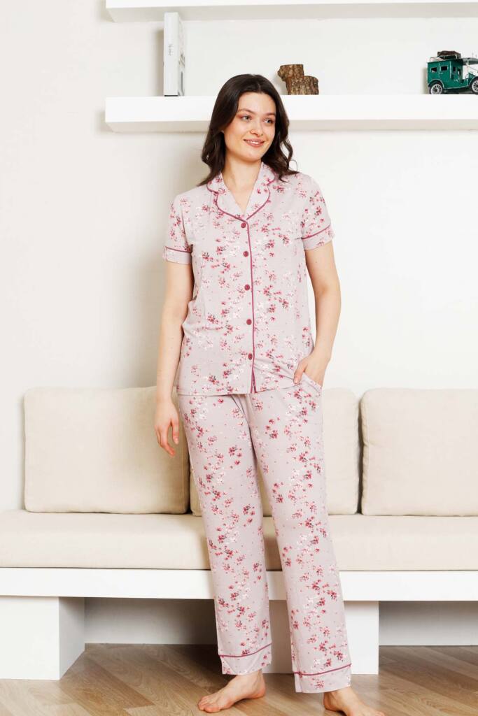 Önden Düğmeli Kadın Pijama Takımı - Kısa Kol Likralı Rink Viskon 2844KY - 3